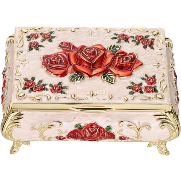 Vintage Metal Jewelry Box Small Treasure Chest Case Trinket Organizer Earrings - Picture 1 of 8